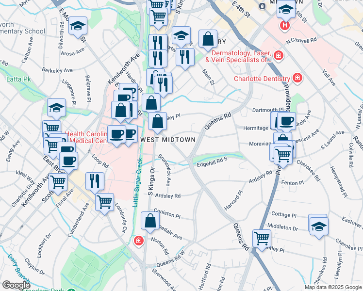 map of restaurants, bars, coffee shops, grocery stores, and more near 1623 E Morehead St in Charlotte