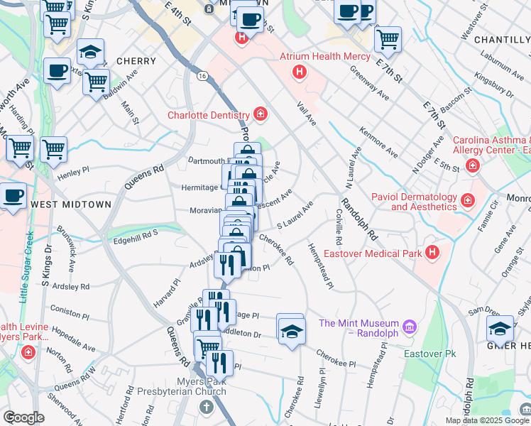 map of restaurants, bars, coffee shops, grocery stores, and more near 510 Willoughby Street in Charlotte