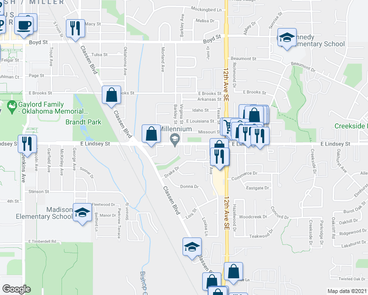 map of restaurants, bars, coffee shops, grocery stores, and more near 922 East Lindsey Street in Norman