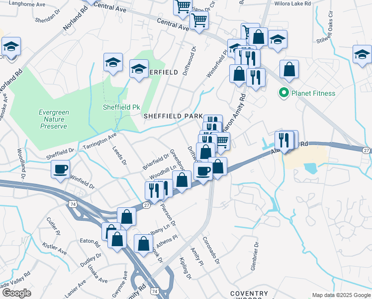 map of restaurants, bars, coffee shops, grocery stores, and more near 3219 Driftwood Drive in Charlotte
