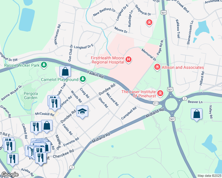 map of restaurants, bars, coffee shops, grocery stores, and more near in Pinehurst