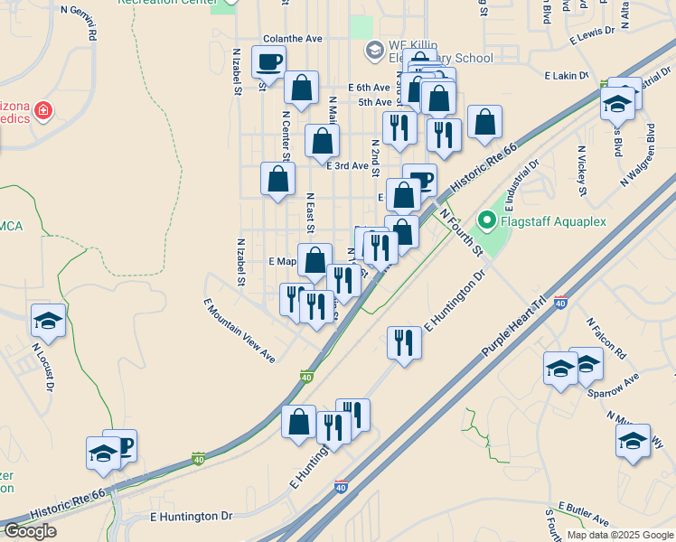 map of restaurants, bars, coffee shops, grocery stores, and more near 1621 North Main Street in Flagstaff