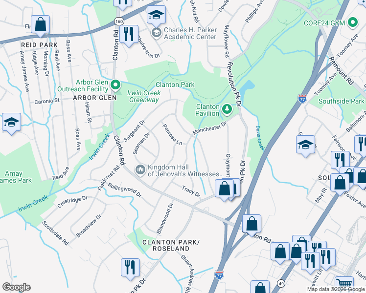 map of restaurants, bars, coffee shops, grocery stores, and more near 3424 Manchester Drive in Charlotte