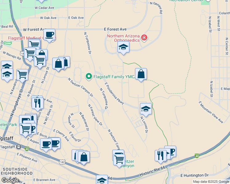 map of restaurants, bars, coffee shops, grocery stores, and more near 840 East Ponderosa Parkway in Flagstaff