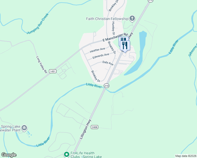 map of restaurants, bars, coffee shops, grocery stores, and more near 2409 Brinkley Drive in Spring Lake