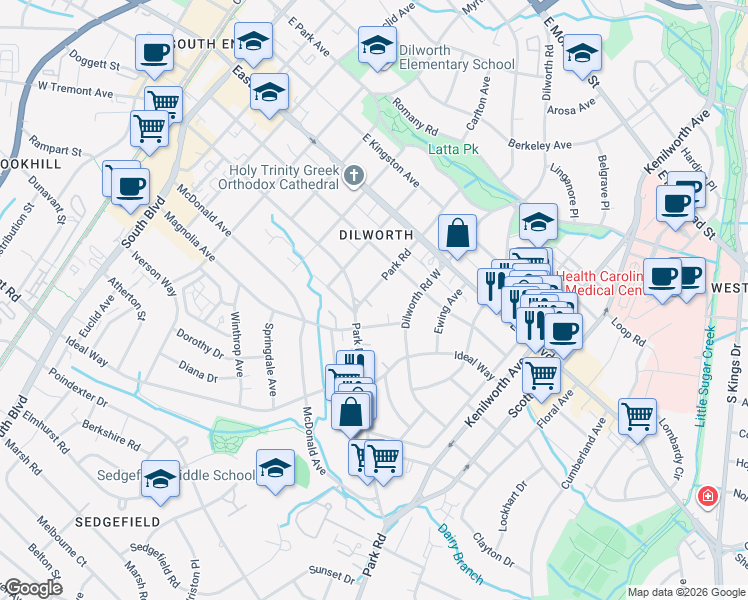 map of restaurants, bars, coffee shops, grocery stores, and more near 1937 Park Rd in Charlotte