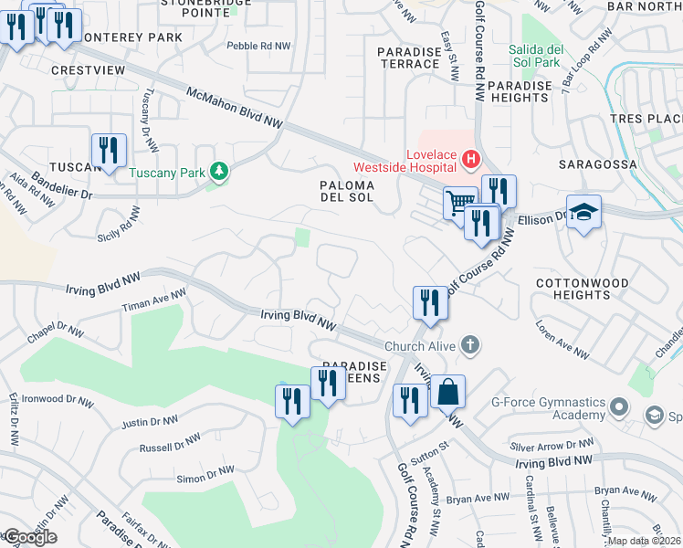 map of restaurants, bars, coffee shops, grocery stores, and more near 3902 Irving Boulevard Northwest in Albuquerque