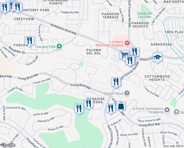 map of restaurants, bars, coffee shops, grocery stores, and more near 3902 Irving Boulevard Northwest in Albuquerque