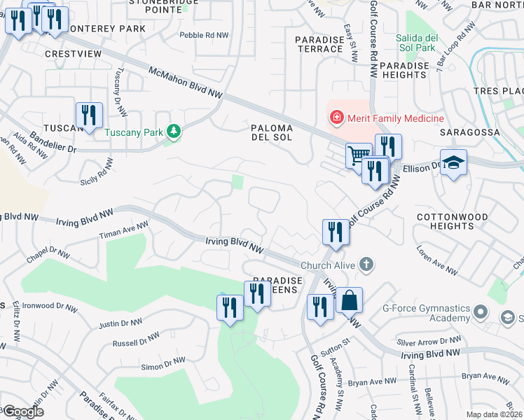 map of restaurants, bars, coffee shops, grocery stores, and more near 3902 Irving Boulevard Northwest in Albuquerque