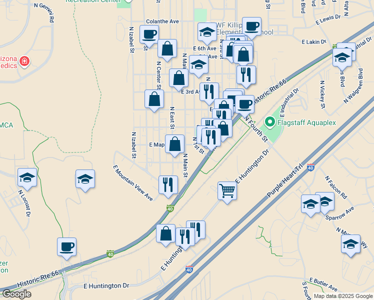 map of restaurants, bars, coffee shops, grocery stores, and more near 1621 North Main Street in Flagstaff
