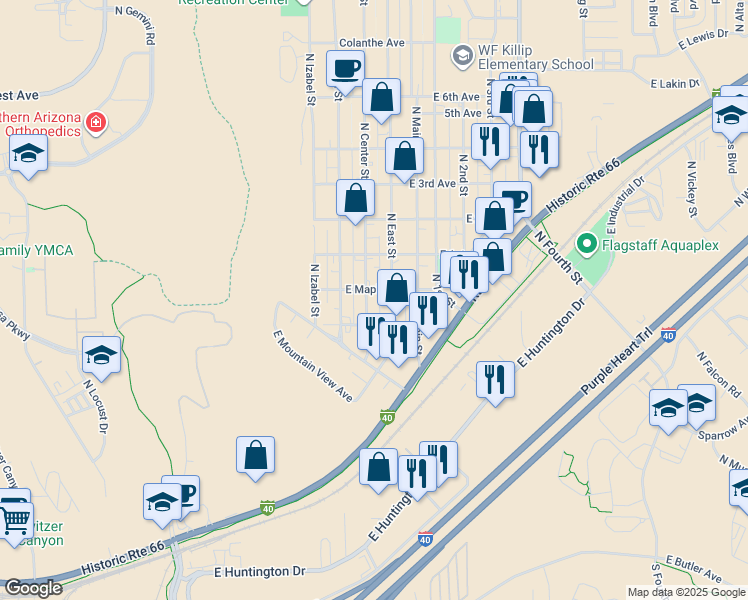 map of restaurants, bars, coffee shops, grocery stores, and more near 1620 North Center Street in Flagstaff