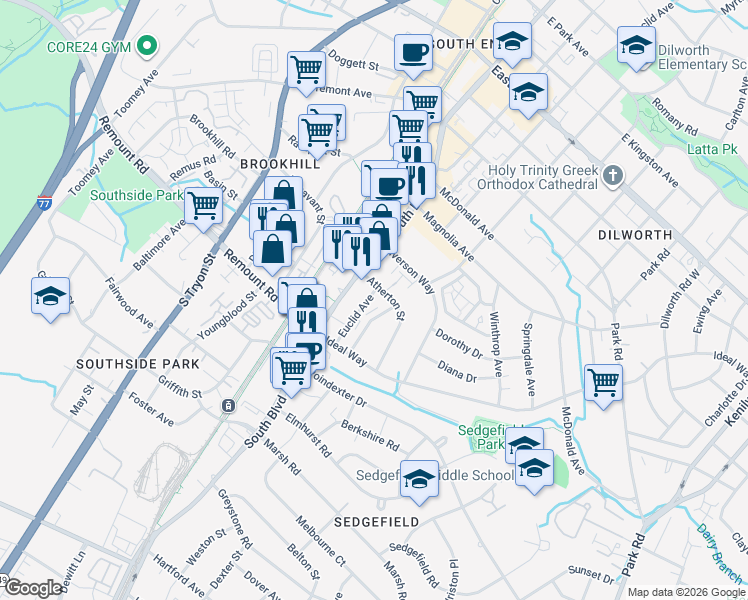 map of restaurants, bars, coffee shops, grocery stores, and more near 2421 South Boulevard in Charlotte