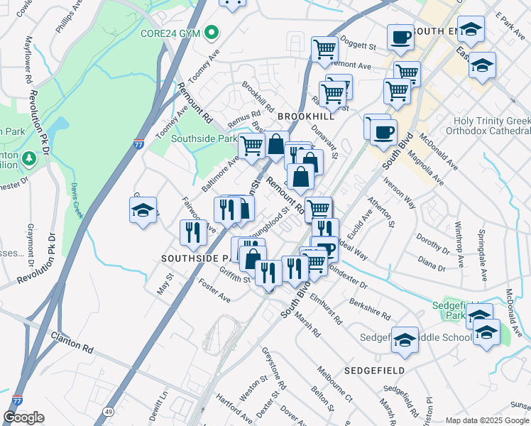 map of restaurants, bars, coffee shops, grocery stores, and more near in Charlotte