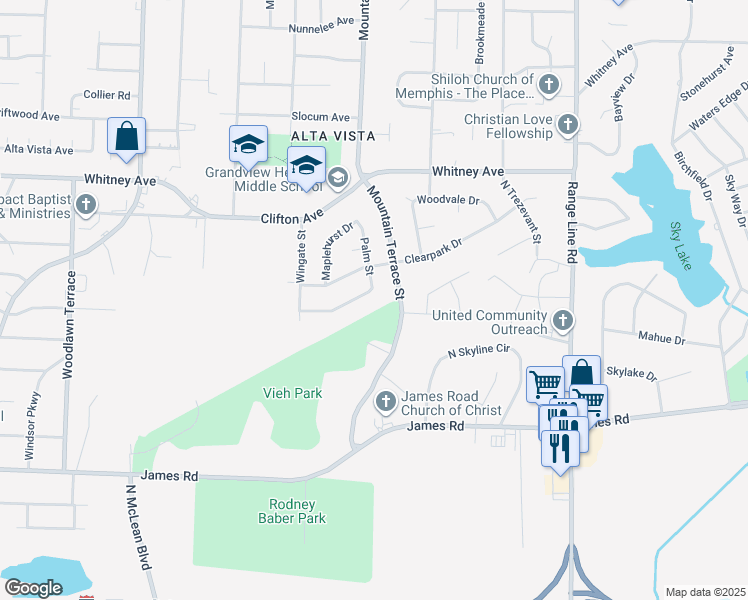 map of restaurants, bars, coffee shops, grocery stores, and more near 2387 Palm Cove in Memphis