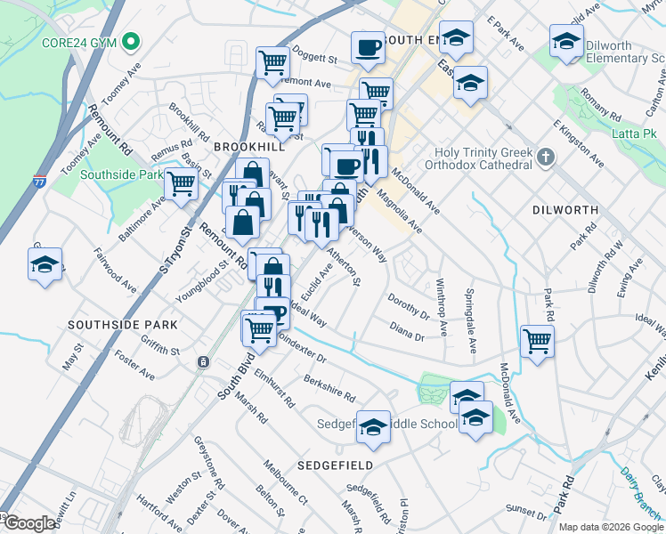 map of restaurants, bars, coffee shops, grocery stores, and more near 2421 South Boulevard in Charlotte
