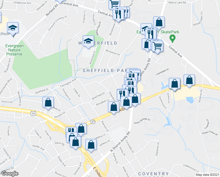 map of restaurants, bars, coffee shops, grocery stores, and more near 5135 Greenbrook Drive in Charlotte