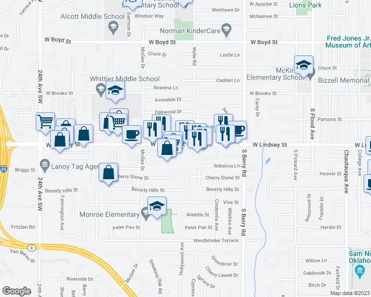map of restaurants, bars, coffee shops, grocery stores, and more near 1514 West Lindsey Street in Norman