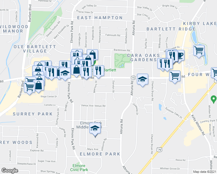 map of restaurants, bars, coffee shops, grocery stores, and more near 6345 Mercury Cove in Bartlett