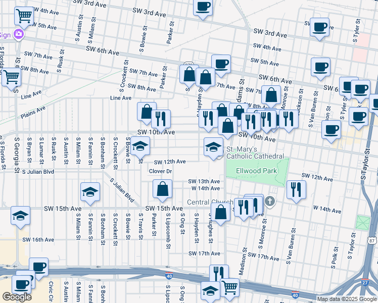 map of restaurants, bars, coffee shops, grocery stores, and more near 1207 Southwest 11th Avenue in Amarillo