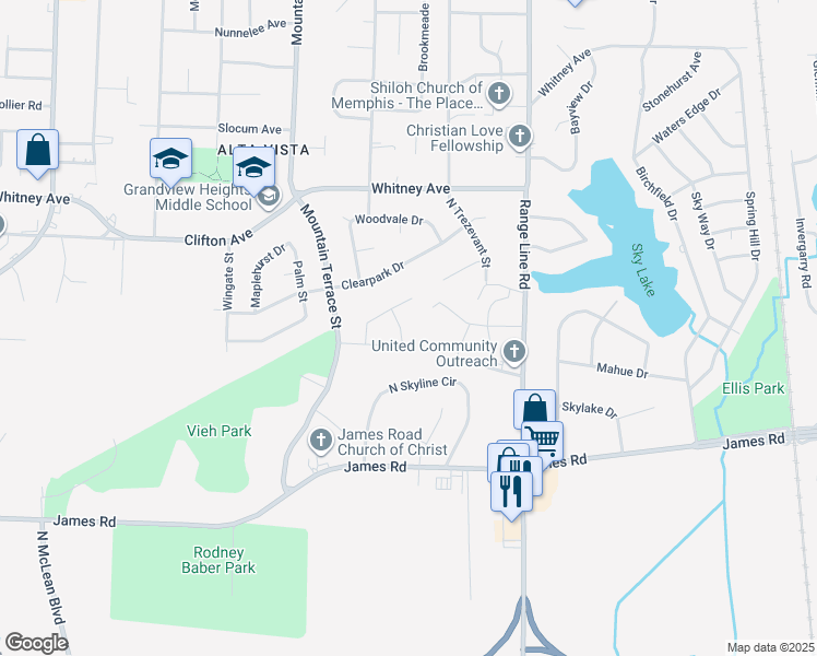 map of restaurants, bars, coffee shops, grocery stores, and more near 2860 Sandwood Street in Memphis