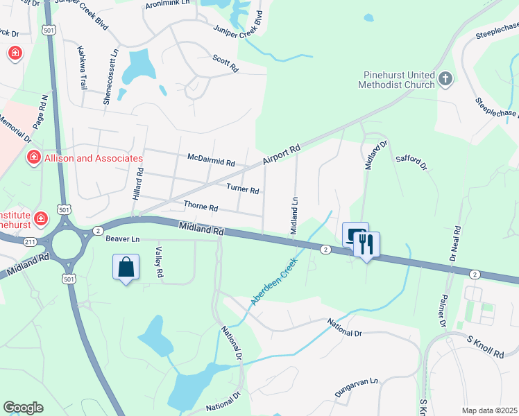 map of restaurants, bars, coffee shops, grocery stores, and more near 35 Windmere Rd in Pinehurst