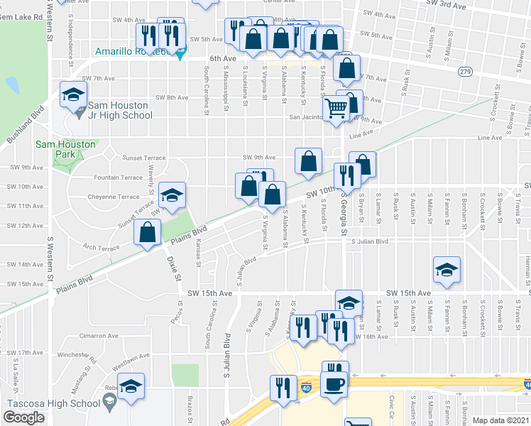 map of restaurants, bars, coffee shops, grocery stores, and more near 1023 South Virginia Street in Amarillo