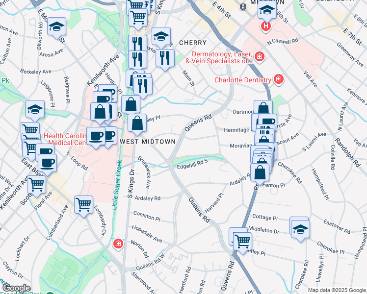map of restaurants, bars, coffee shops, grocery stores, and more near 917 Queens Road in Charlotte