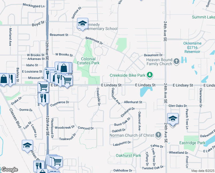 map of restaurants, bars, coffee shops, grocery stores, and more near 1802 Lindsey Street in Norman