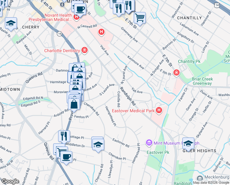map of restaurants, bars, coffee shops, grocery stores, and more near 108 Colville Road in Charlotte
