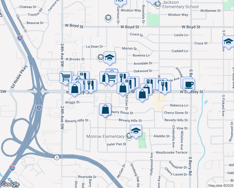 map of restaurants, bars, coffee shops, grocery stores, and more near in Norman