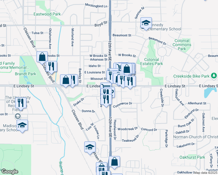 map of restaurants, bars, coffee shops, grocery stores, and more near 1220 12th Avenue Southeast in Norman