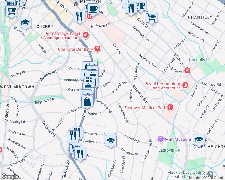 map of restaurants, bars, coffee shops, grocery stores, and more near 212 South Laurel Avenue in Charlotte