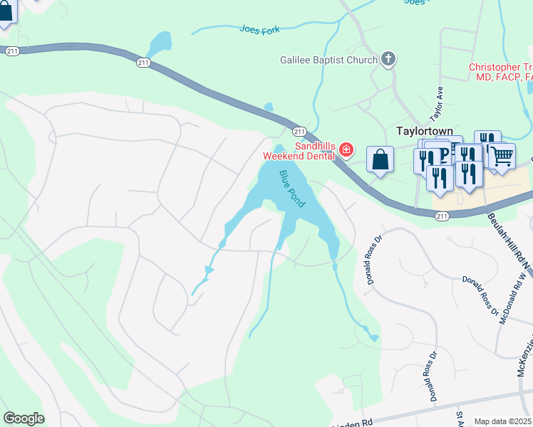 map of restaurants, bars, coffee shops, grocery stores, and more near 24 Loch Lomond Court in Pinehurst
