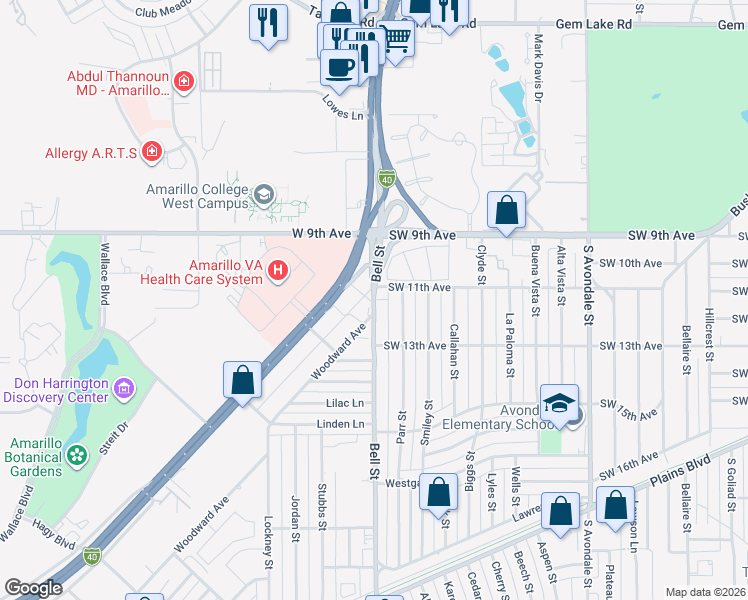 map of restaurants, bars, coffee shops, grocery stores, and more near 1112 Bell St in Amarillo