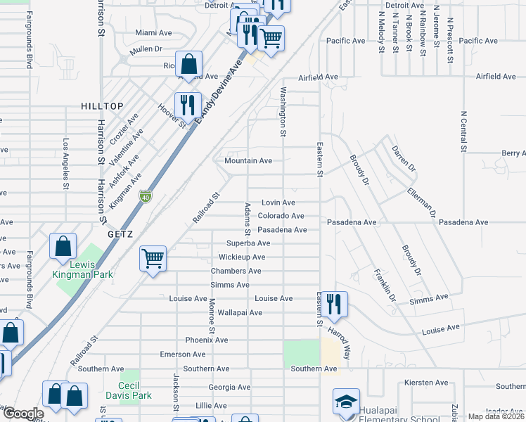 map of restaurants, bars, coffee shops, grocery stores, and more near 2721 Colorado Avenue in Kingman