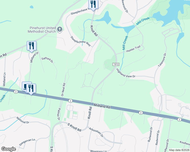 map of restaurants, bars, coffee shops, grocery stores, and more near 521 Cottage Lane in Southern Pines