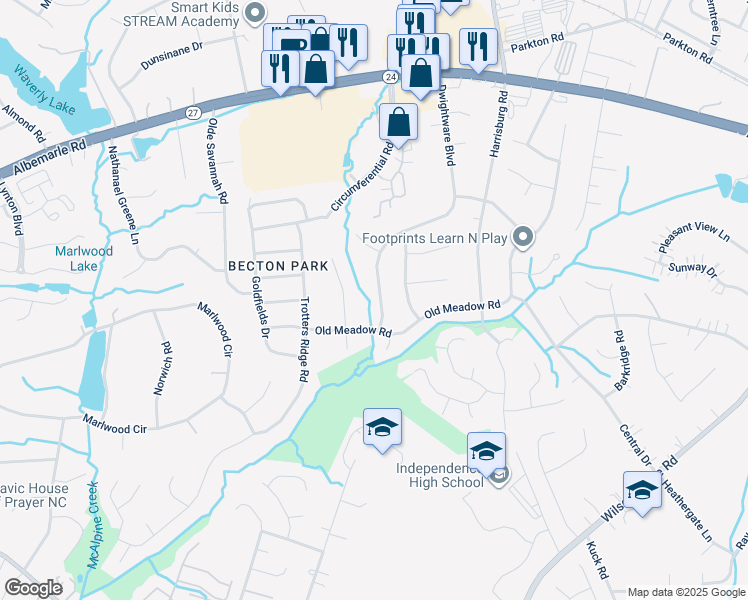map of restaurants, bars, coffee shops, grocery stores, and more near 6131 Dwightware Boulevard in Charlotte