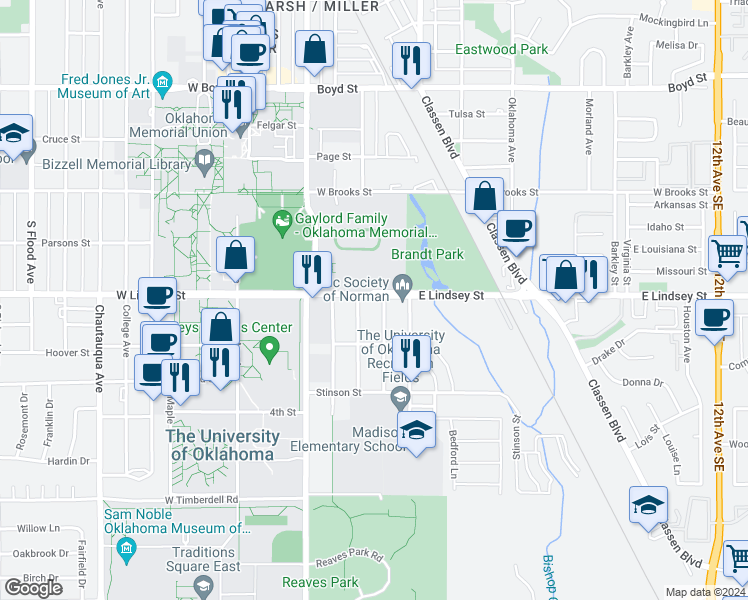 map of restaurants, bars, coffee shops, grocery stores, and more near 314 East Lindsey Street in Norman