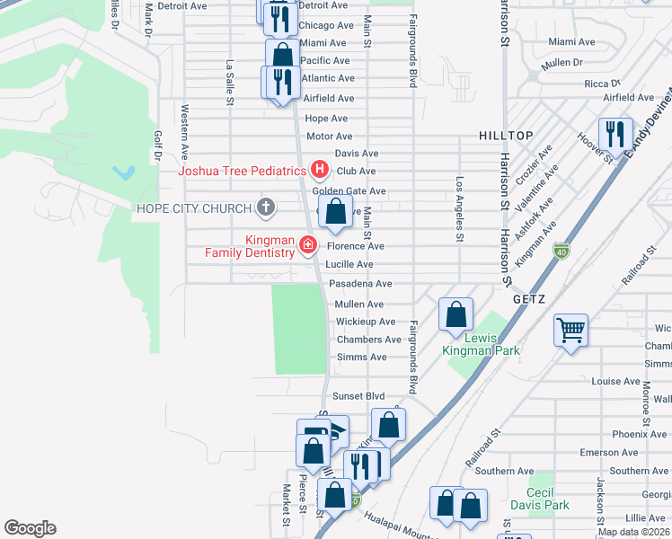 map of restaurants, bars, coffee shops, grocery stores, and more near 1916 Lucille Avenue in Kingman