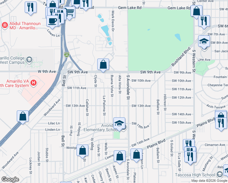 map of restaurants, bars, coffee shops, grocery stores, and more near 1104 Alta Vista Street in Amarillo