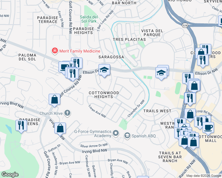 map of restaurants, bars, coffee shops, grocery stores, and more near 10401 Chaparro Drive Northwest in Albuquerque