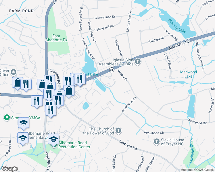map of restaurants, bars, coffee shops, grocery stores, and more near 5704 Copper Creek Court in Charlotte