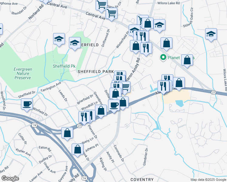 map of restaurants, bars, coffee shops, grocery stores, and more near in Charlotte