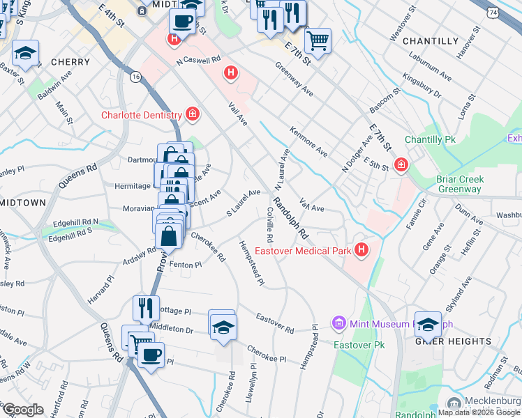map of restaurants, bars, coffee shops, grocery stores, and more near 204 Fenton Place in Charlotte
