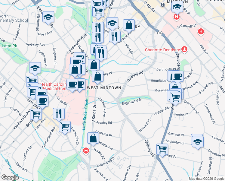 map of restaurants, bars, coffee shops, grocery stores, and more near 1623 East Morehead Street in Charlotte