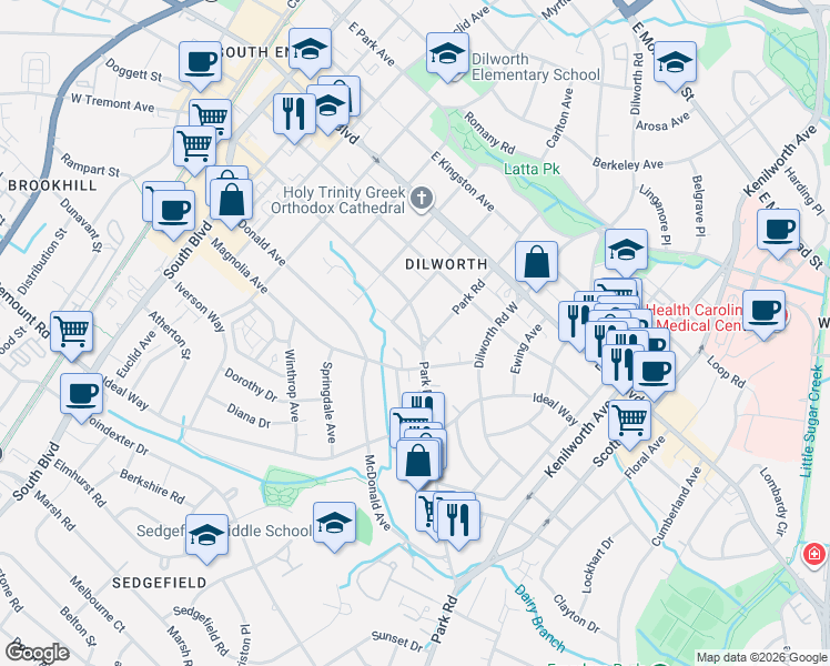 map of restaurants, bars, coffee shops, grocery stores, and more near in Charlotte