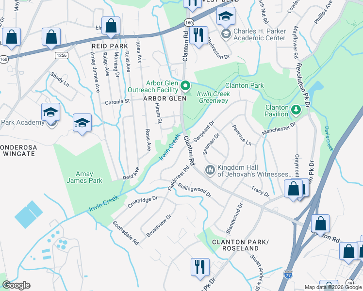 map of restaurants, bars, coffee shops, grocery stores, and more near 3734 Sargeant Drive in Charlotte