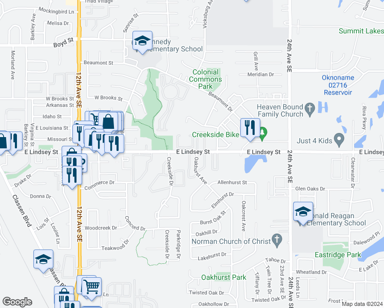 map of restaurants, bars, coffee shops, grocery stores, and more near 1813 Lindsey Street in Norman