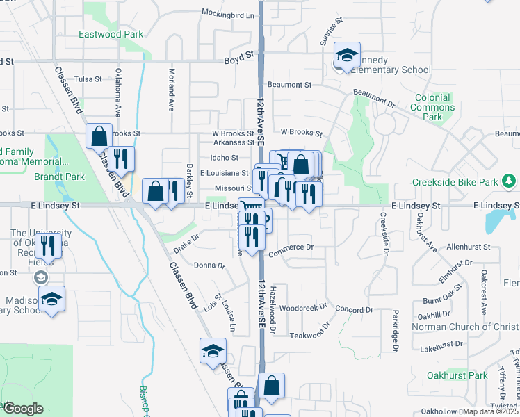 map of restaurants, bars, coffee shops, grocery stores, and more near 1200 East Lindsey Street in Norman