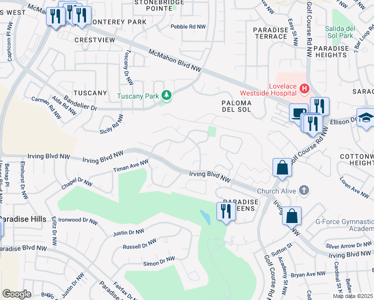 map of restaurants, bars, coffee shops, grocery stores, and more near 10327 Cedar Springs Place Northwest in Albuquerque